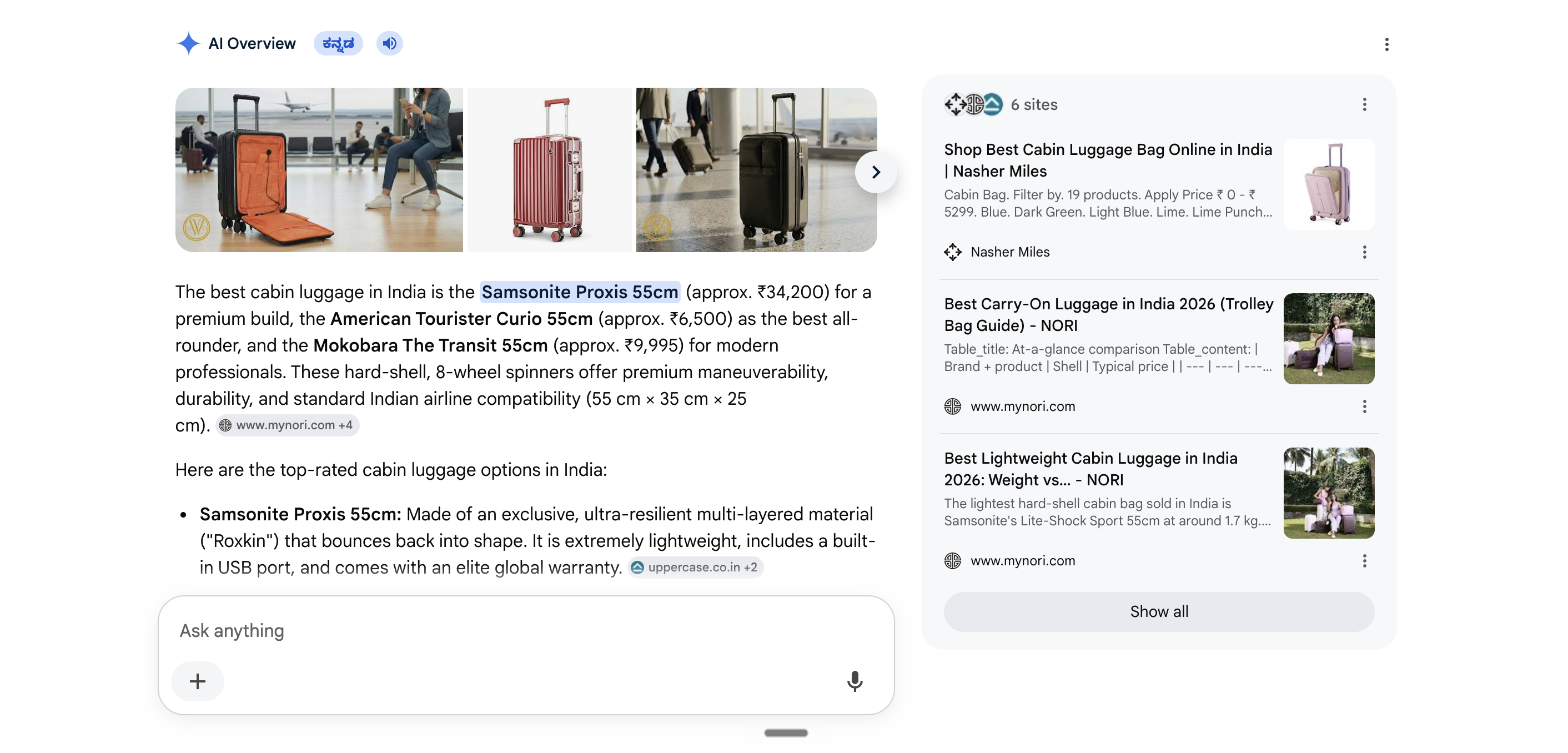 Google AI Overview for 'best cabin luggage India' citing Nori's guides among its sources.